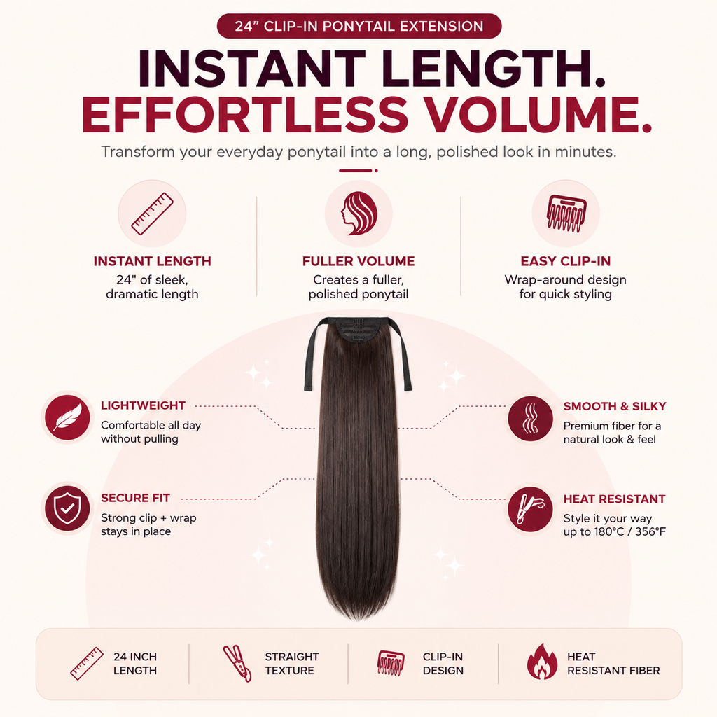 24" Long Straight Clip-In Ponytail Hair Extension | Heat Resistant Synthetic Wrap Around Ponytail for Women