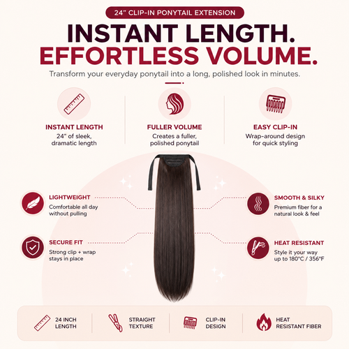 24" Long Straight Clip-In Ponytail Hair Extension | Heat Resistant Synthetic Wrap Around Ponytail for Women