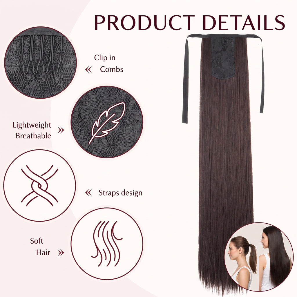 24" Long Straight Clip-In Ponytail Hair Extension | Heat Resistant Synthetic Wrap Around Ponytail for Women