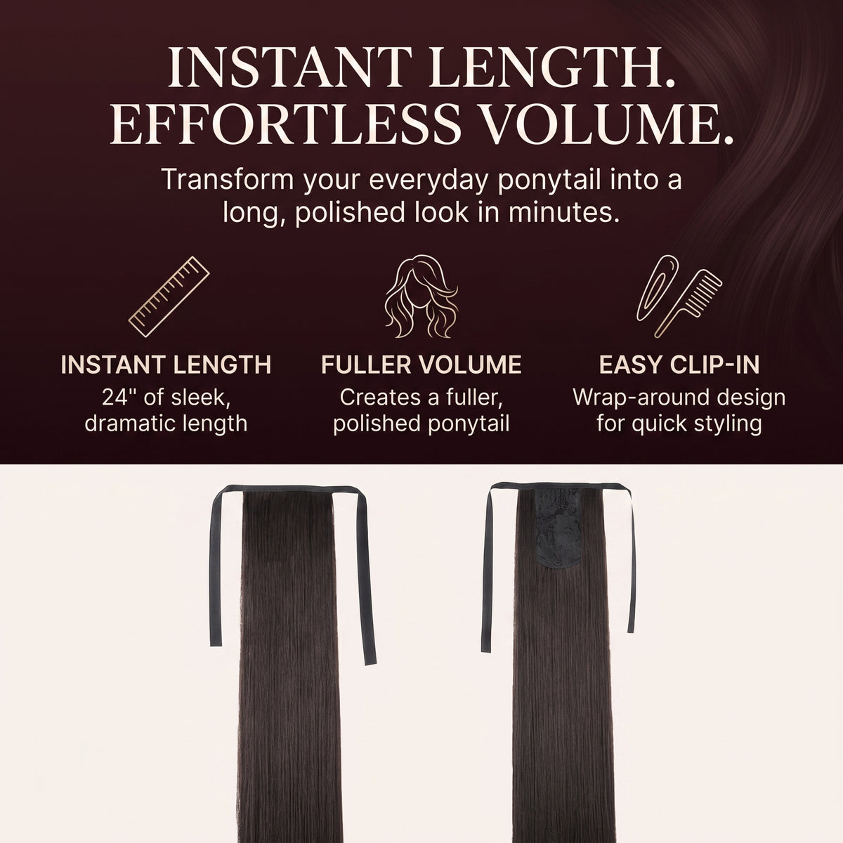 24" Long Straight Clip-In Ponytail Hair Extension | Heat Resistant Synthetic Wrap Around Ponytail for Women