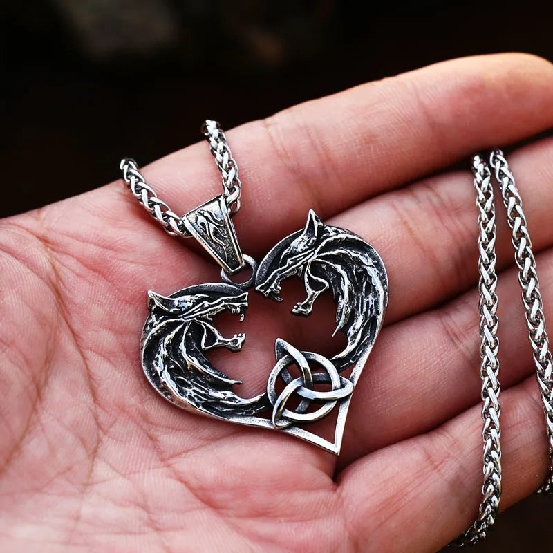 Wolf Heads Celtic Knot Pendant Necklace