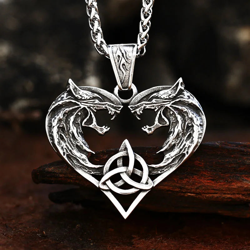 Wolf Heads Celtic Knot Pendant Necklace