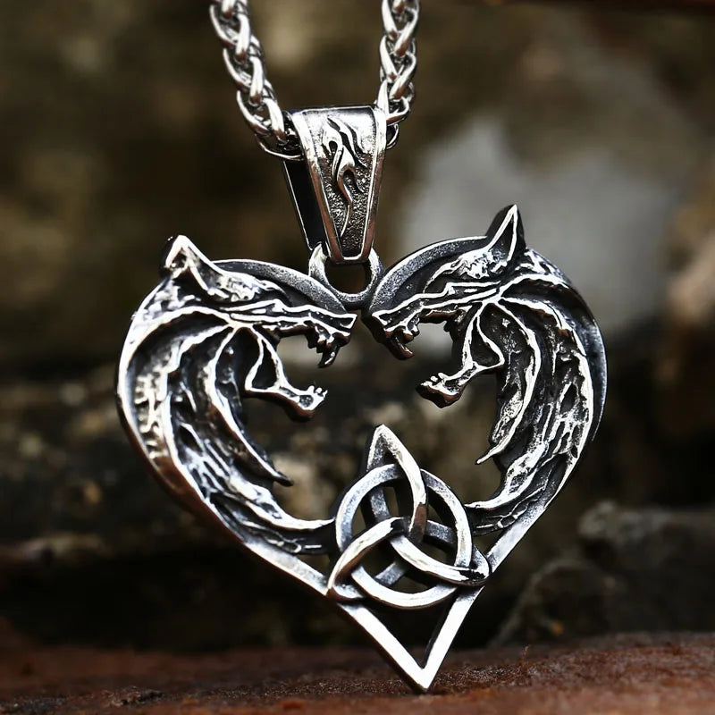 Wolf Heads Celtic Knot Pendant Necklace
