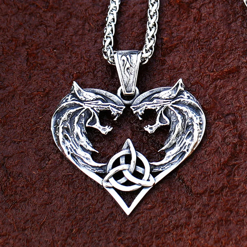 Wolf Heads Celtic Knot Pendant Necklace