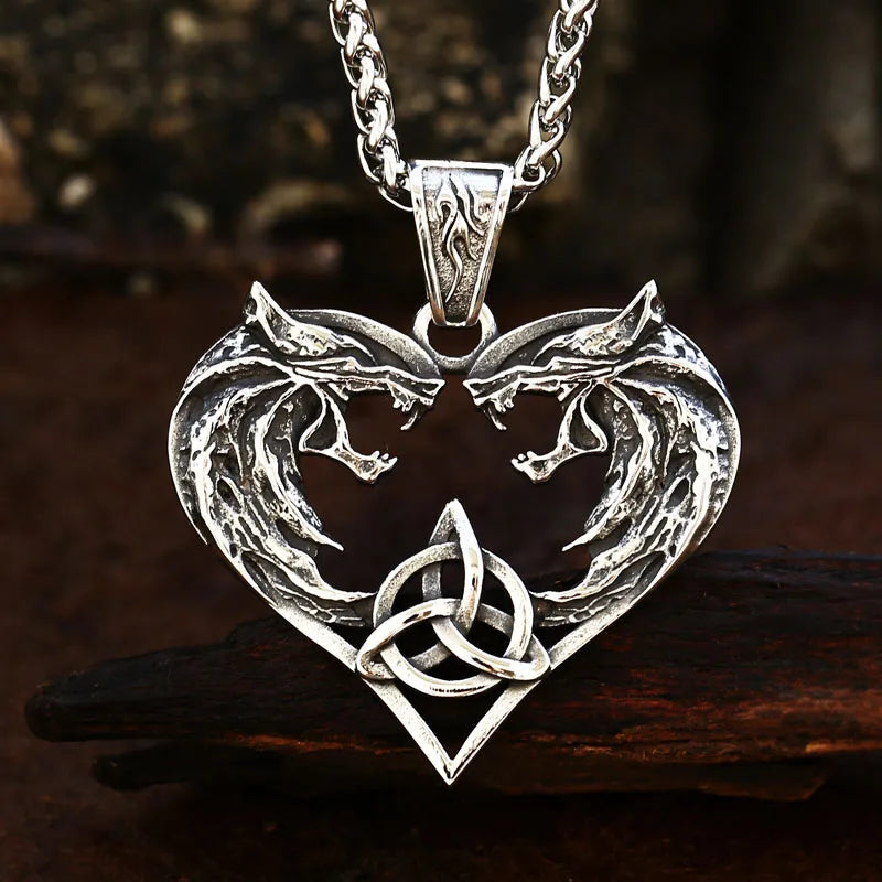 Wolf Heads Celtic Knot Pendant Necklace