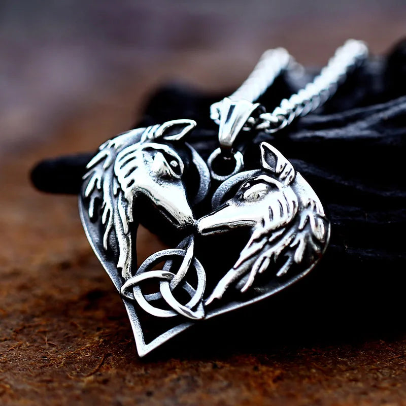 Wolf Heads Celtic Knot Pendant Necklace