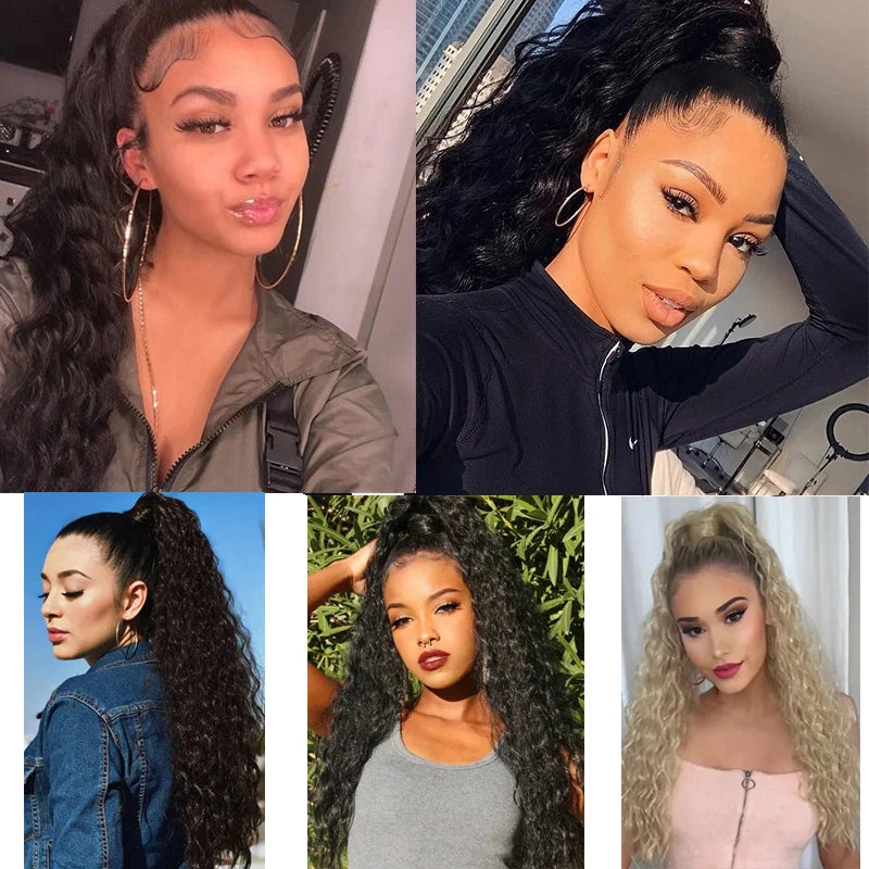 22" Kinky Curly Drawstring Ponytail Hair Extension | Heat Resistant Synthetic Wrap-Around Ponytail for Womenack Hairpiecefor Women