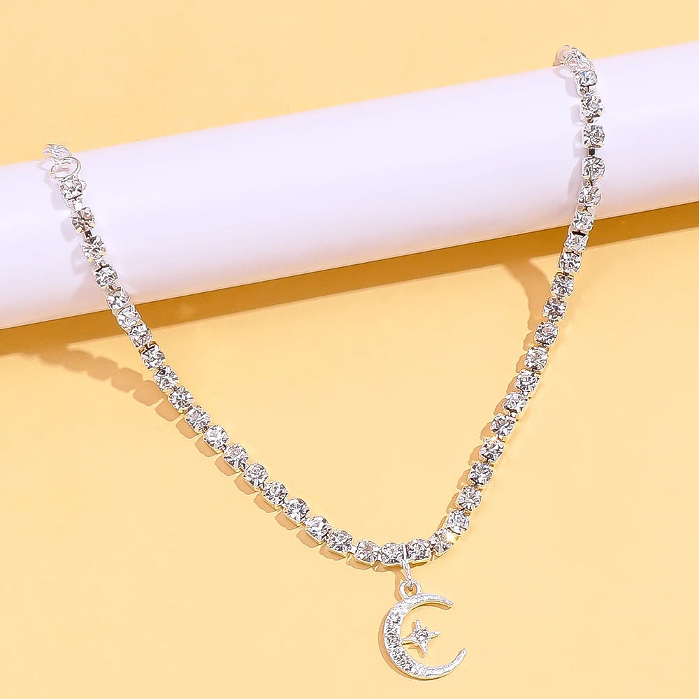 Crescent Moon Rhinestone Tennis Anklet