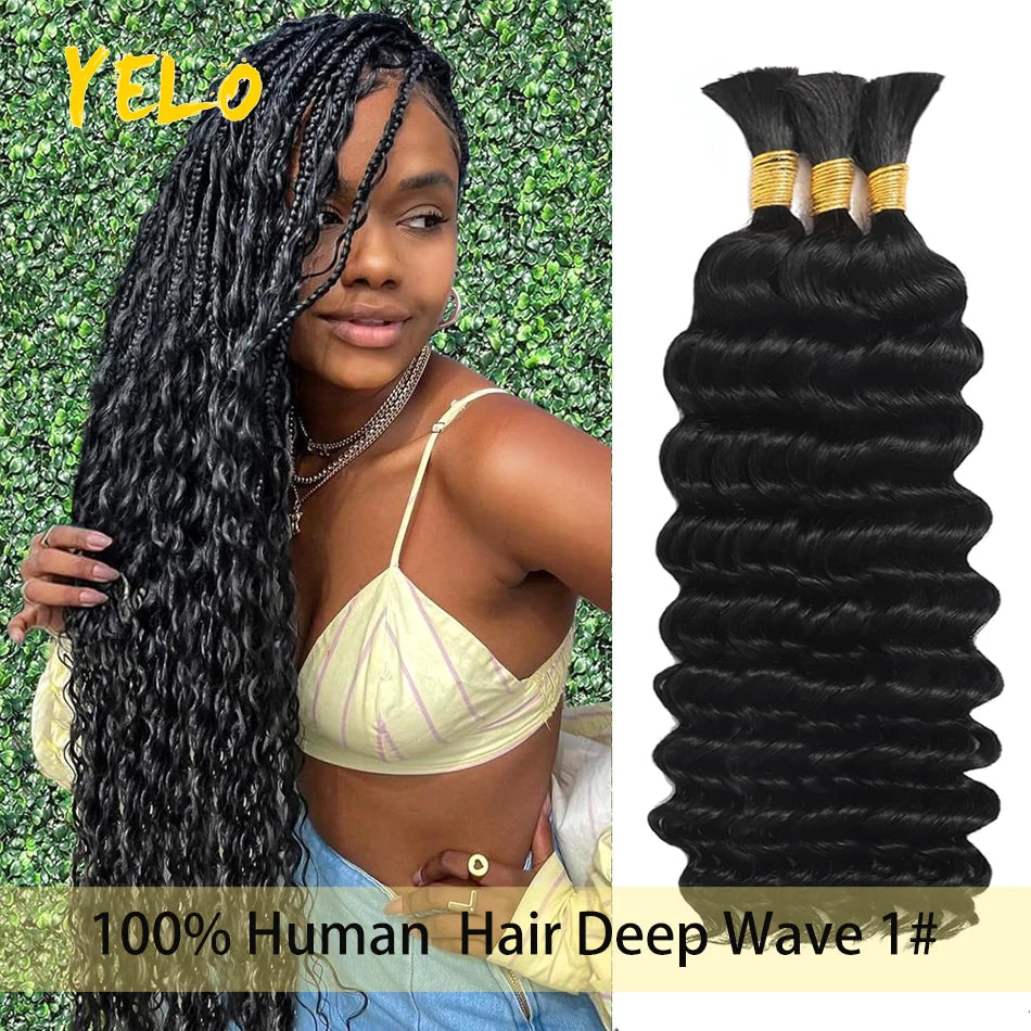 Yelo 12A Human Hair Bulk for Boho Knotless Braids | Deep Wave Curly Braiding Hair