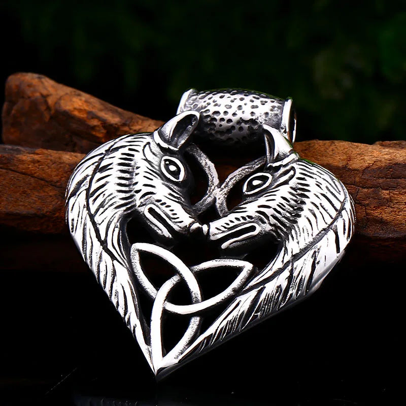 Wolf Heads Celtic Knot Pendant Necklace