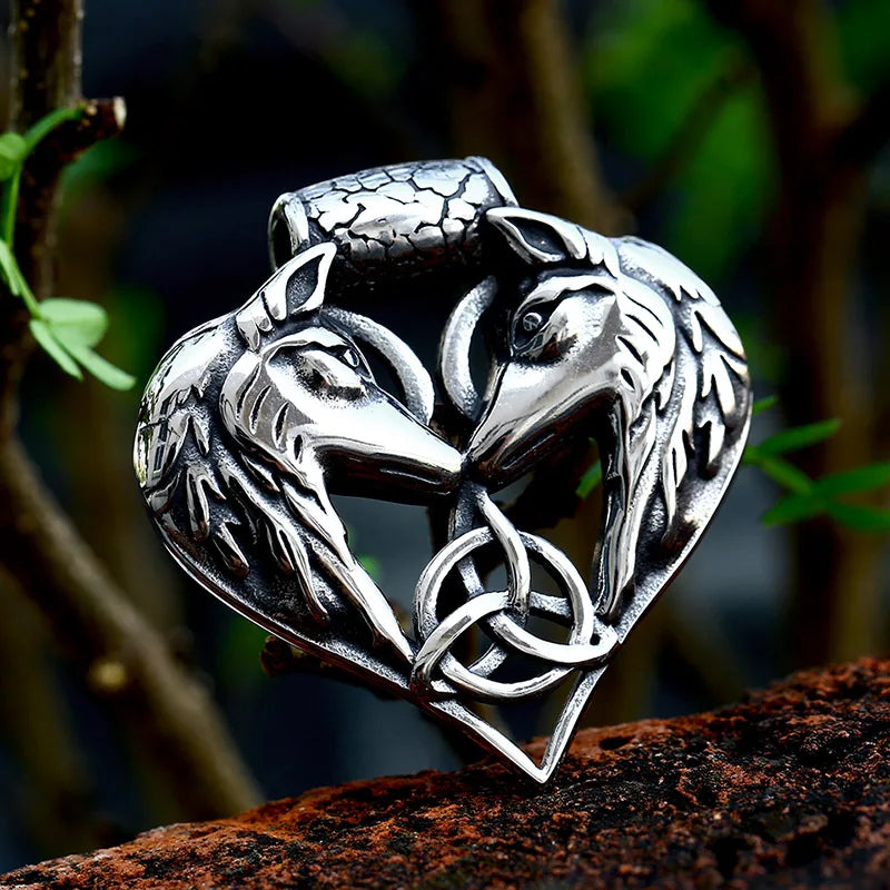 Wolf Heads Celtic Knot Pendant Necklace