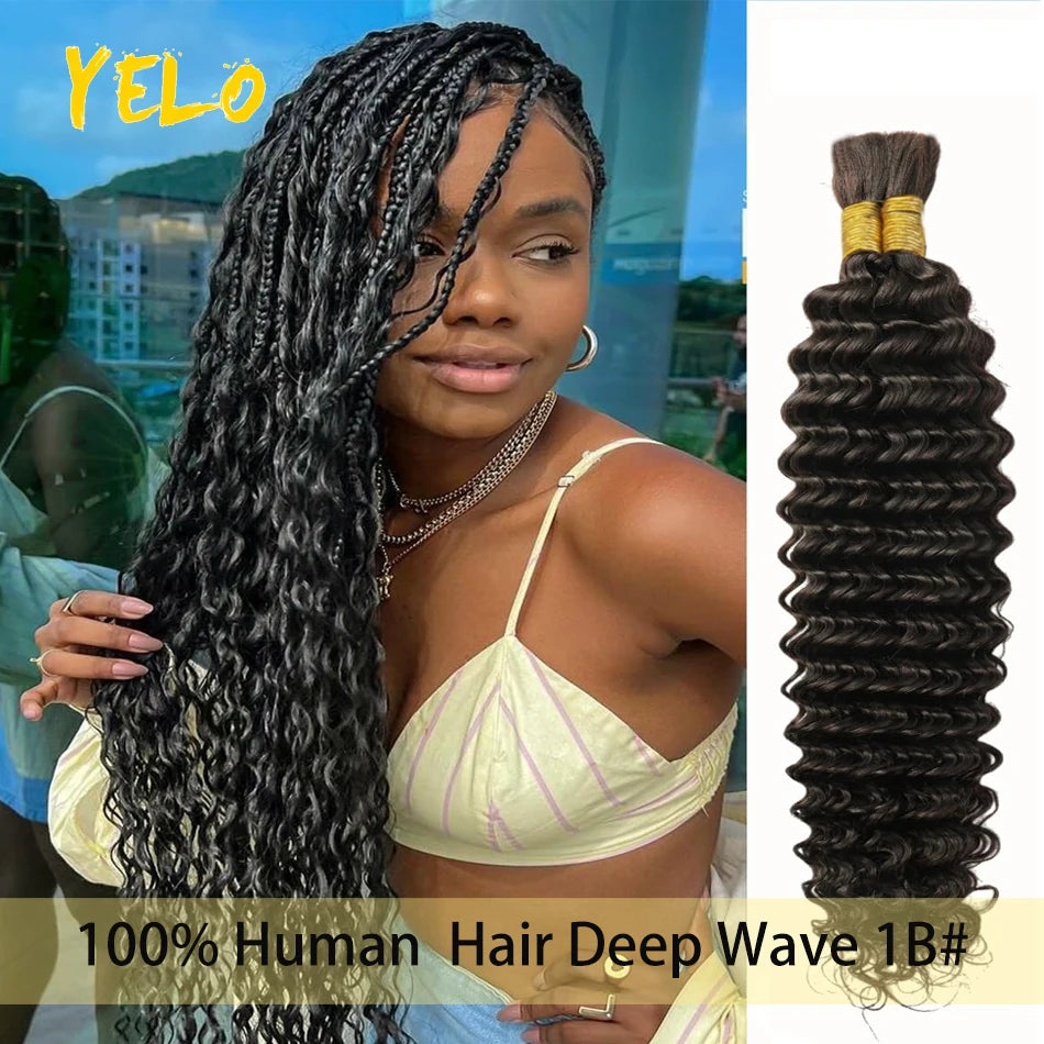 Yelo 12A Human Hair Bulk for Boho Knotless Braids | Deep Wave Curly Braiding Hair