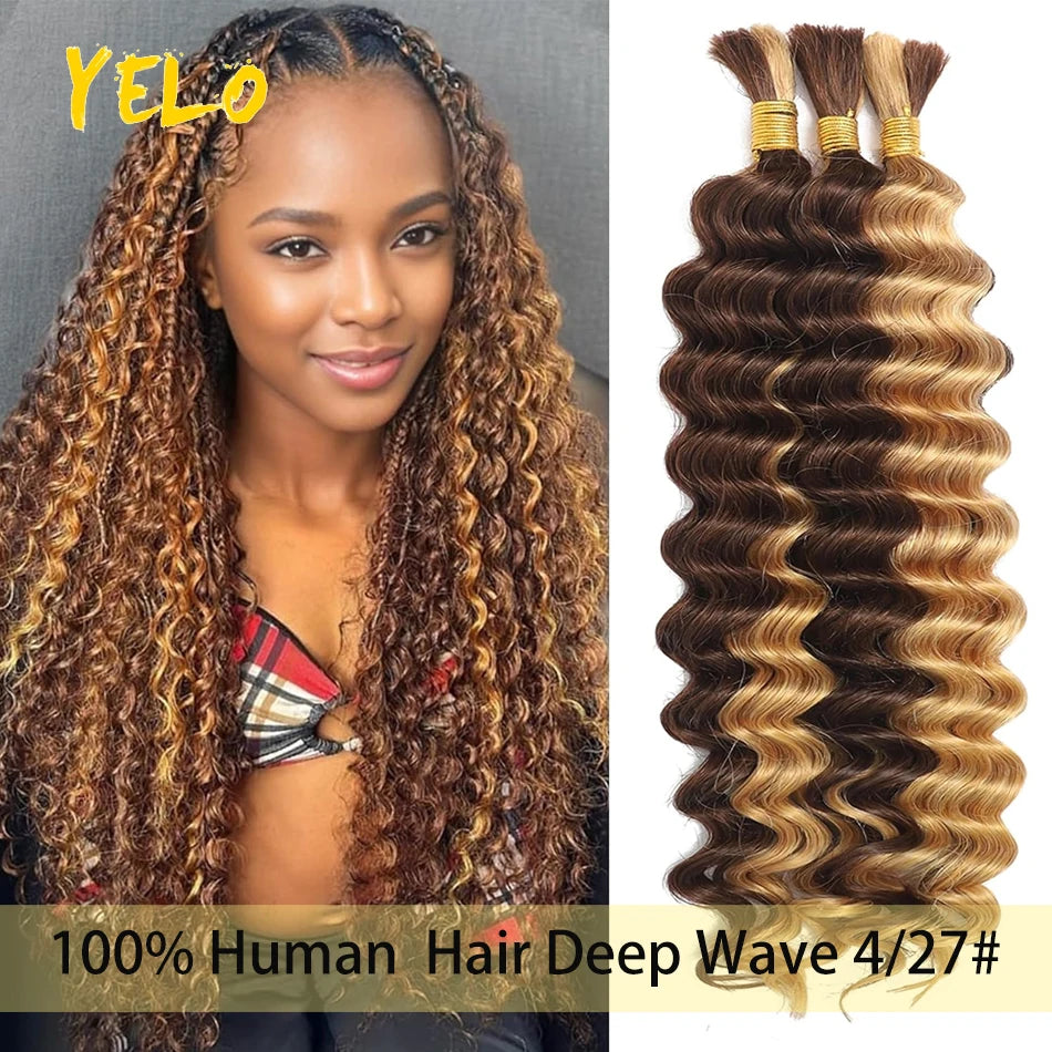 Yelo 12A Human Hair Bulk for Boho Knotless Braids | Deep Wave Curly Braiding Hair